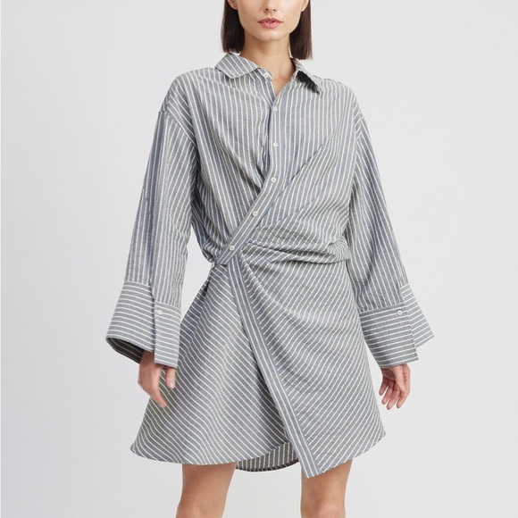 En Saison JJ Stripe Long Sleeve Cotton Blend Mini Shirtdress in Navy - Picture 5 of 7